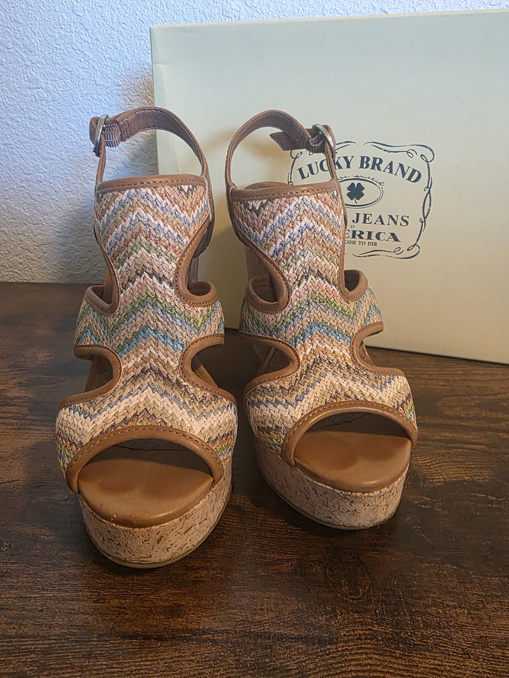 Lucky Brand Multicolor Chevron Wedge Sandals with Tan Trim